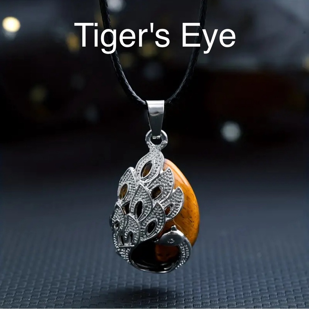 Tiger's Eye Peacock Bird Natural Gemstone Crystal Stone Pendant Necklace Jewelry - Picture 1 of 2